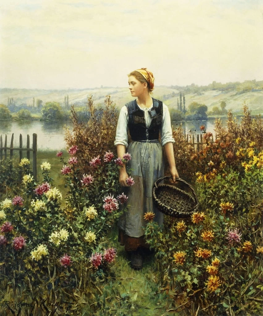 Ragazza con un cesto in un giardino